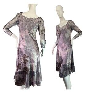 Komarov Dress Gray Silver Mauve Ginko Leaf Print Pleated Hem, Lace Detail $468 M